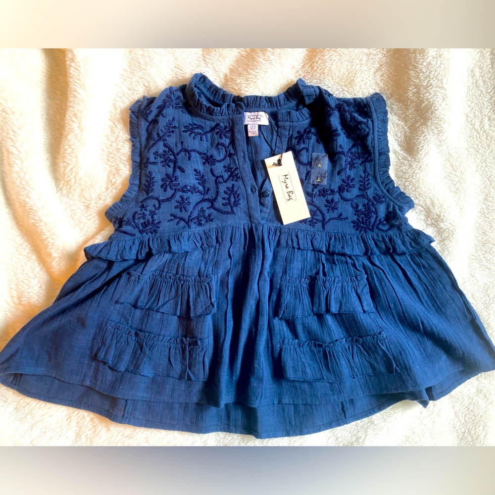 Women’s size small dark blue embroidered flowy cropped shirt.